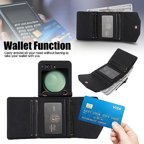 XIMAND for Samsung Galaxy Z Flip 6 Wallet Case with Builtin Leather Cash Slot and Credit Card Holder Wristlet Strap and Hinge Protection Carrying Handbag Phone Case for Women Ladies Black - Image 3
