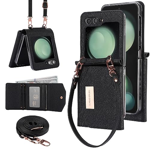 XIMAND for Samsung Galaxy Z Flip 6 Wallet Case with Builtin Leather Cash Slot and Credit Card Holder Wristlet Strap and Hinge Protection Carrying Handbag Phone Case for Women Ladies Black - Image 1