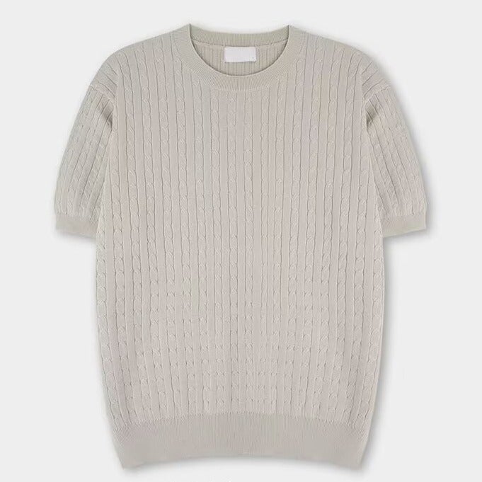 Summer Solid Color Round Neck Short-Sleeved Knitwear Men'S Slim Fit Elastic Trendyy Versatile Design Vertical Stripesd Half-Sleeved T-Shirt - Image 1