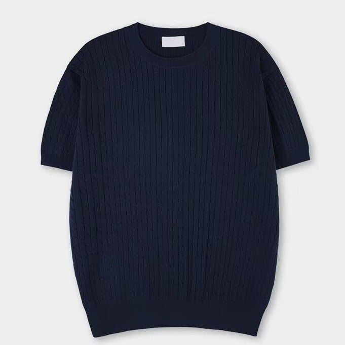 Summer Solid Color Round Neck Short-Sleeved Knitwear Men'S Slim Fit Elastic Trendyy Versatile Design Vertical Stripesd Half-Sleeved T-Shirt - Image 5