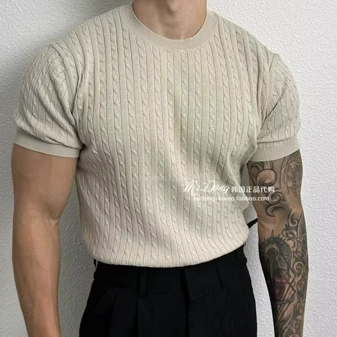 Summer Solid Color Round Neck Short-Sleeved Knitwear Men'S Slim Fit Elastic Trendyy Versatile Design Vertical Stripesd Half-Sleeved T-Shirt - Image 2