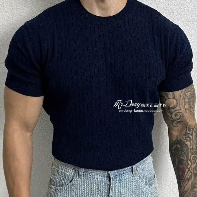 Summer Solid Color Round Neck Short-Sleeved Knitwear Men'S Slim Fit Elastic Trendyy Versatile Design Vertical Stripesd Half-Sleeved T-Shirt - Image 3