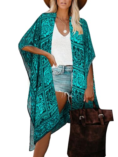 Moss Rose Women's Beach Cover up Green Swimsuit Kimono Cardigan with Bohemian Floral Print - Image 1