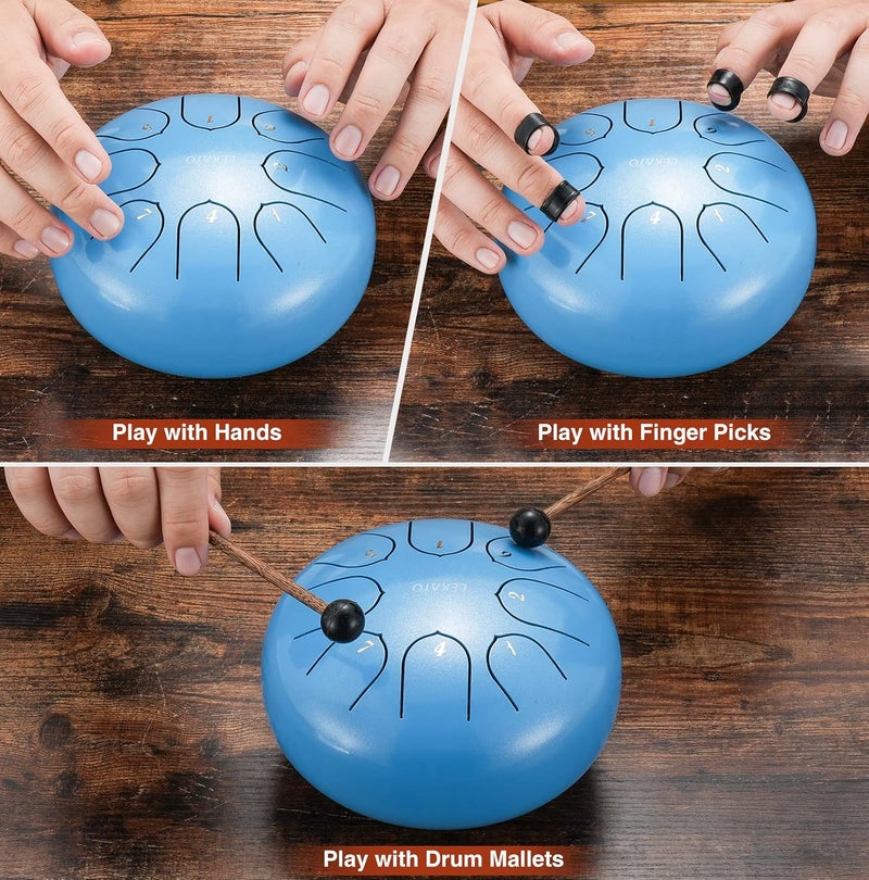 LEKATO Rain Drum for Garden, 6 Inch 8 Notes Steel Tongue Drum C Key, Handpan Percussion Instruments, Music Gift for Families/Friends, Sky Blue - Image 3