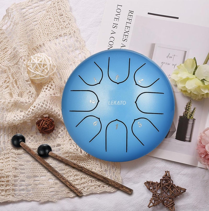 LEKATO Rain Drum for Garden, 6 Inch 8 Notes Steel Tongue Drum C Key, Handpan Percussion Instruments, Music Gift for Families/Friends, Sky Blue - Image 4