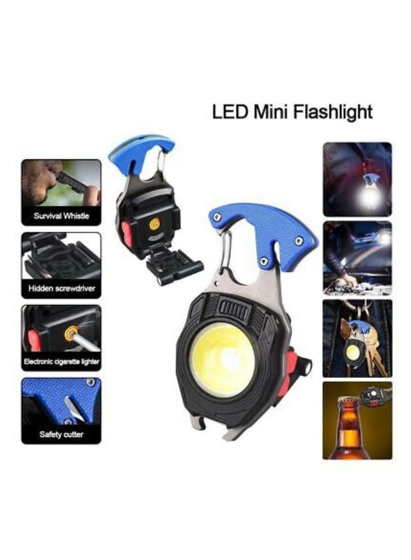 LED Rechargeable Keychain Light W5147,Seat belt cutter,Whistle,Screwdriver,Cigarette Lighter,6Light Modes,Electric cigarette lighter,Safety cutter-BLUE COLOR - Image 1