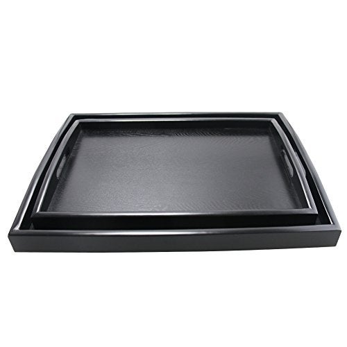 DILLMAN Serving Tray Large Black Wood Rectangle Food Tray Butler Tray Breakfast Tray with Handles (Large+Small) - Image 1