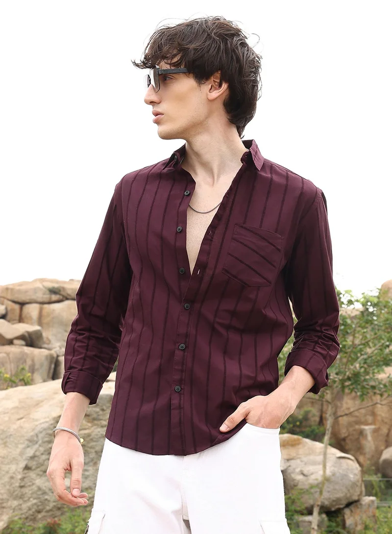 كامبوس سوترا Men's Wine Red Pastel Striped Shirt For Casual Wear | Spread Collar | Long Sleeve | Button Closure | Shirt Crafted With Comfort Fit For Everyday Wear