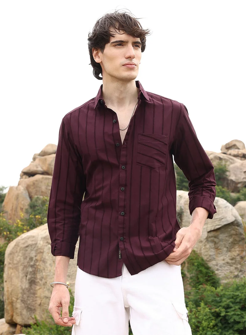 كامبوس سوترا Men's Wine Red Pastel Striped Shirt For Casual Wear | Spread Collar | Long Sleeve | Button Closure | Shirt Crafted With Comfort Fit For Everyday Wear