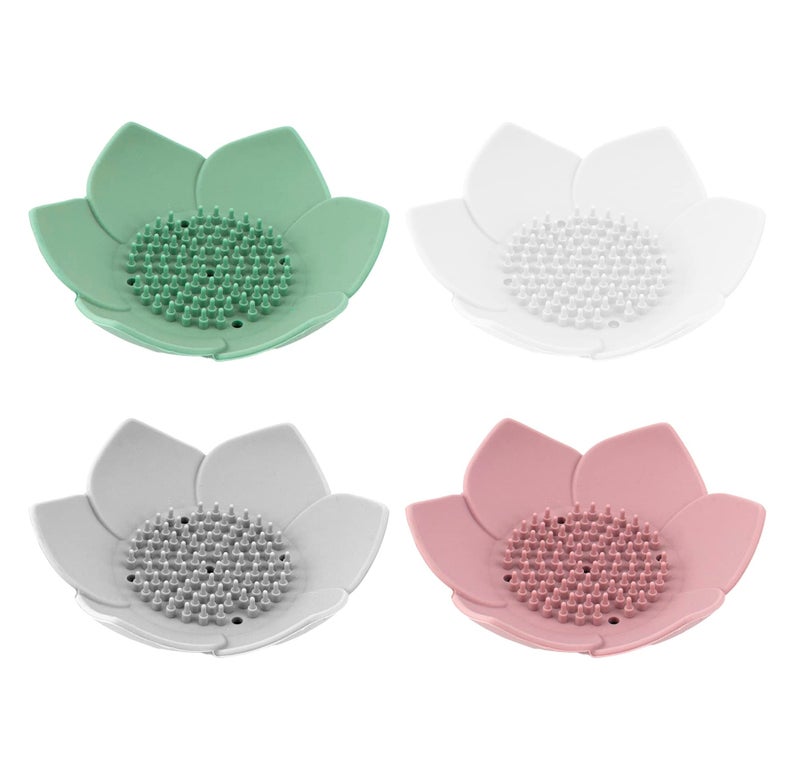 Framendino Framendino 4 Pack Lotus Flowers Soap Dish Silicon Flexible NonSlip Floral Trays with Drain for Bathroom Shower 