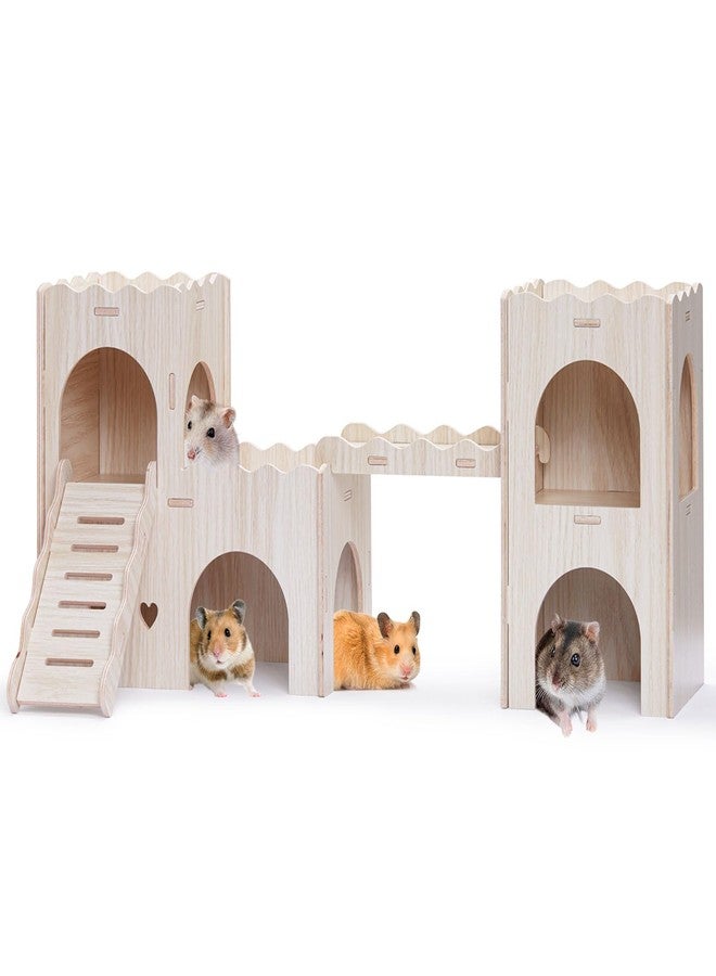 Jevnd Large Hamster Hideout, Wooden Hamster Houses and Hideouts, Double-Decker Hamster Hut Castle, Dwarf Hamster Habitat Hideout with Climbing Ladder, Multi Chamber Hamster Hides for Hamster Gerbils - Image 1