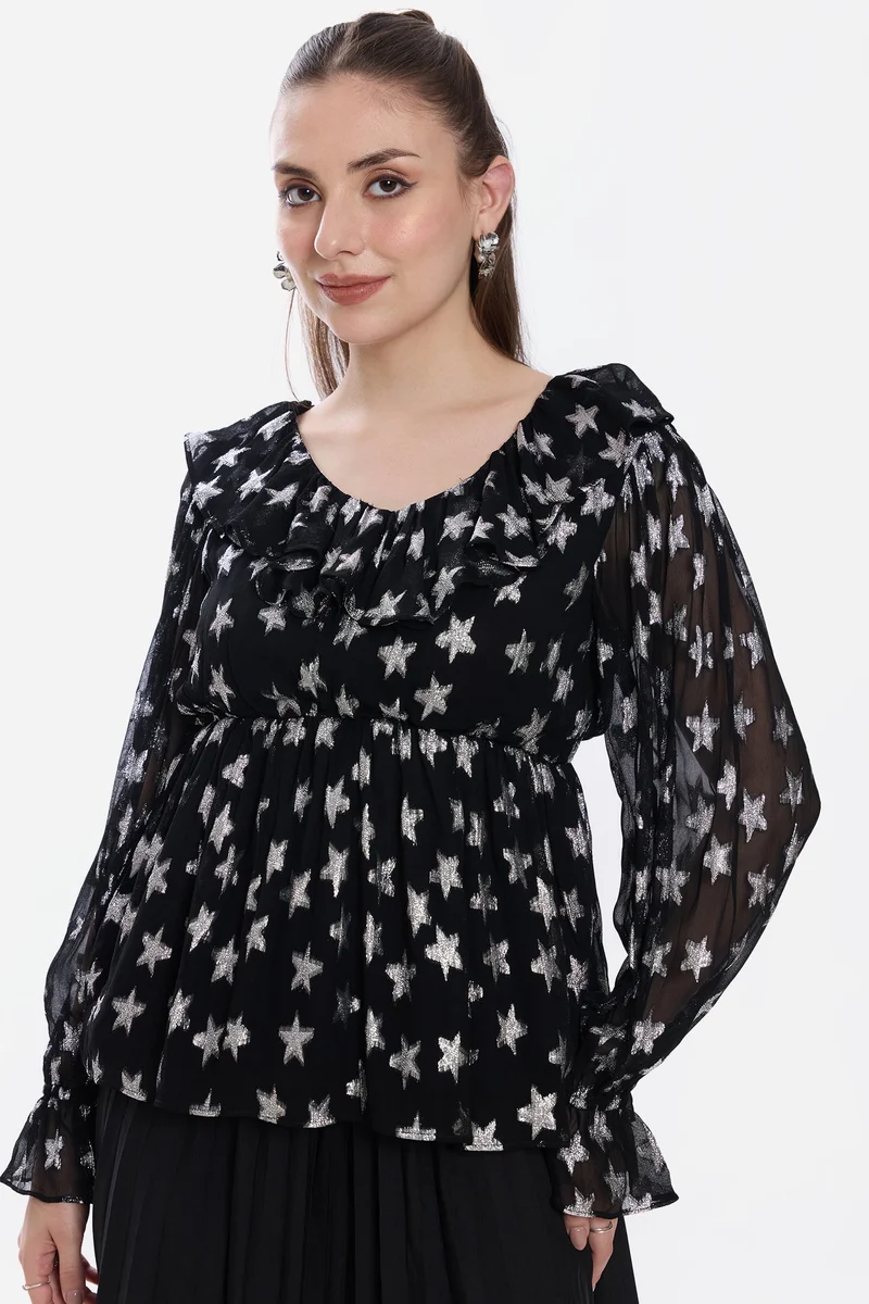 فيرجيو Stars Viscose Ruffled Peplum Top for Women