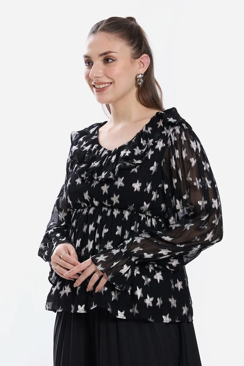 Virgio  Stars Viscose Ruffled Peplum Top for Women for Women | Best Price UAE