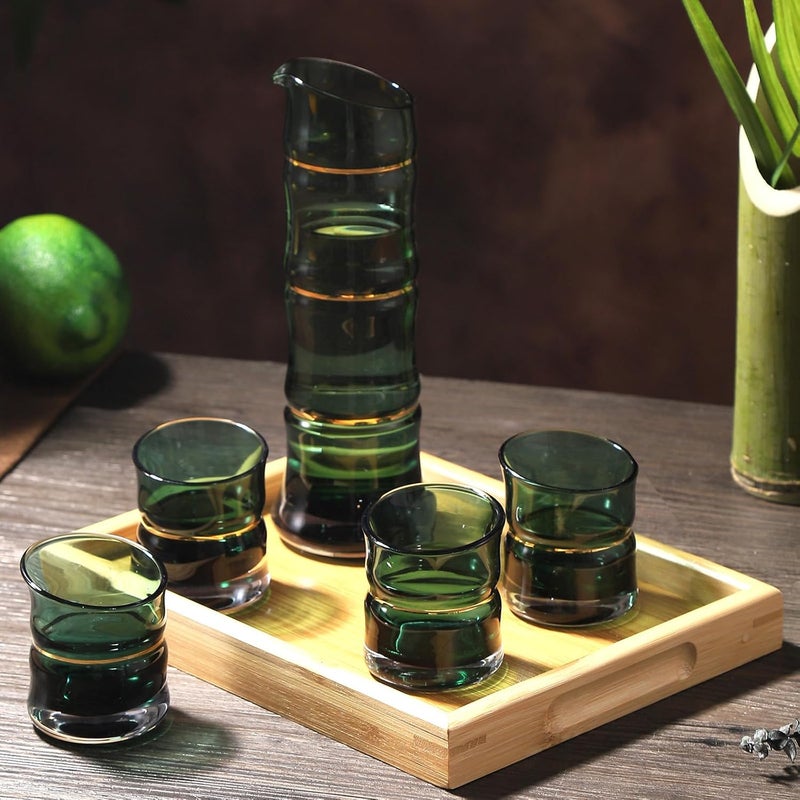 DUJUST Japanese Sake Set for 4, Bamboo Design in Golden Trim, 1 Sake Bottle, 1 Wooden Sake Tray, and 4 Sake Cups, Cold/Warm/Hot Sake Carafe, Special Japanese Gifts Set - 6 pcs (Gradient Green) - Image 1