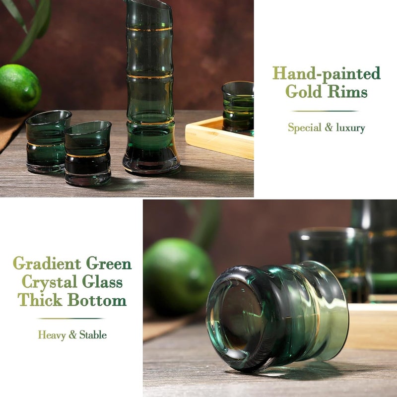 DUJUST Japanese Sake Set for 4, Bamboo Design in Golden Trim, 1 Sake Bottle, 1 Wooden Sake Tray, and 4 Sake Cups, Cold/Warm/Hot Sake Carafe, Special Japanese Gifts Set - 6 pcs (Gradient Green) - Image 3