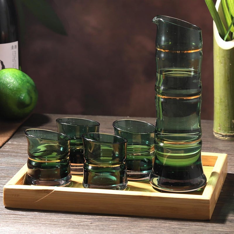 DUJUST Japanese Sake Set for 4, Bamboo Design in Golden Trim, 1 Sake Bottle, 1 Wooden Sake Tray, and 4 Sake Cups, Cold/Warm/Hot Sake Carafe, Special Japanese Gifts Set - 6 pcs (Gradient Green) - Image 2