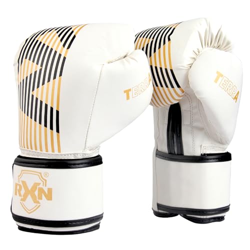 RXN Terra Boxing Gloves, Pro Training & Sparring, Maya Hide Leather, Muay Thai, MMA, Kickboxing, Men & Women, Heavy Punching Bag, Focus Mitts & Pads, Ventilated Palm, Padded (White Gold, 14OZ) - Image 1