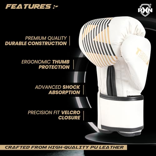 RXN Terra Boxing Gloves, Pro Training & Sparring, Maya Hide Leather, Muay Thai, MMA, Kickboxing, Men & Women, Heavy Punching Bag, Focus Mitts & Pads, Ventilated Palm, Padded (White Gold, 14OZ) - Image 4