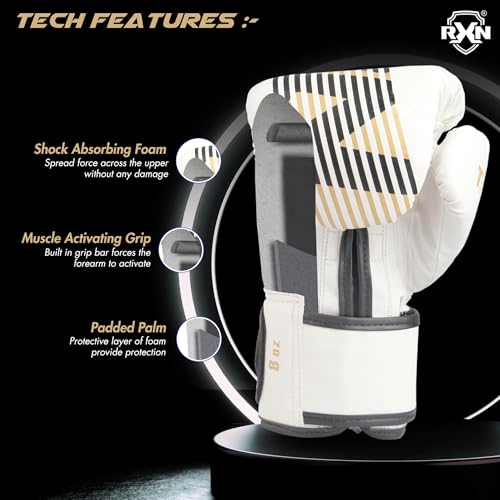 RXN Terra Boxing Gloves, Pro Training & Sparring, Maya Hide Leather, Muay Thai, MMA, Kickboxing, Men & Women, Heavy Punching Bag, Focus Mitts & Pads, Ventilated Palm, Padded (White Gold, 14OZ) - Image 5