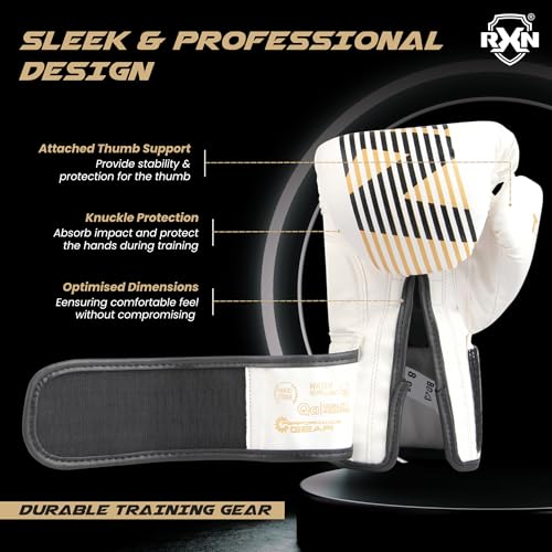 RXN Terra Boxing Gloves, Pro Training & Sparring, Maya Hide Leather, Muay Thai, MMA, Kickboxing, Men & Women, Heavy Punching Bag, Focus Mitts & Pads, Ventilated Palm, Padded (White Gold, 14OZ) - Image 3