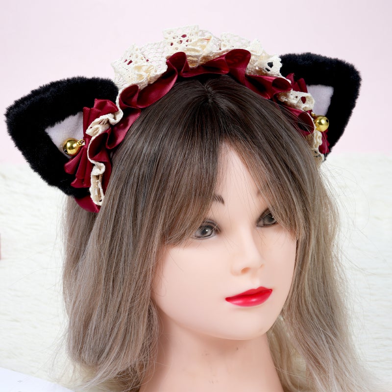 Fluffy Cat Ears Headdress Plush Fabric Ribbon Bowknot Bell Secure Fit - One Size Fits All Cute Hair Ornament for Lolita Cosplay School Festivals Parties - Image 4