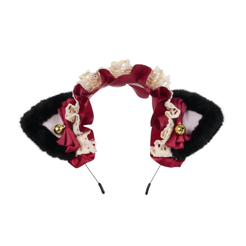 Fluffy Cat Ears Headdress Plush Fabric Ribbon Bowknot Bell Secure Fit - One Size Fits All Cute Hair Ornament for Lolita Cosplay School Festivals Parties - Image 1