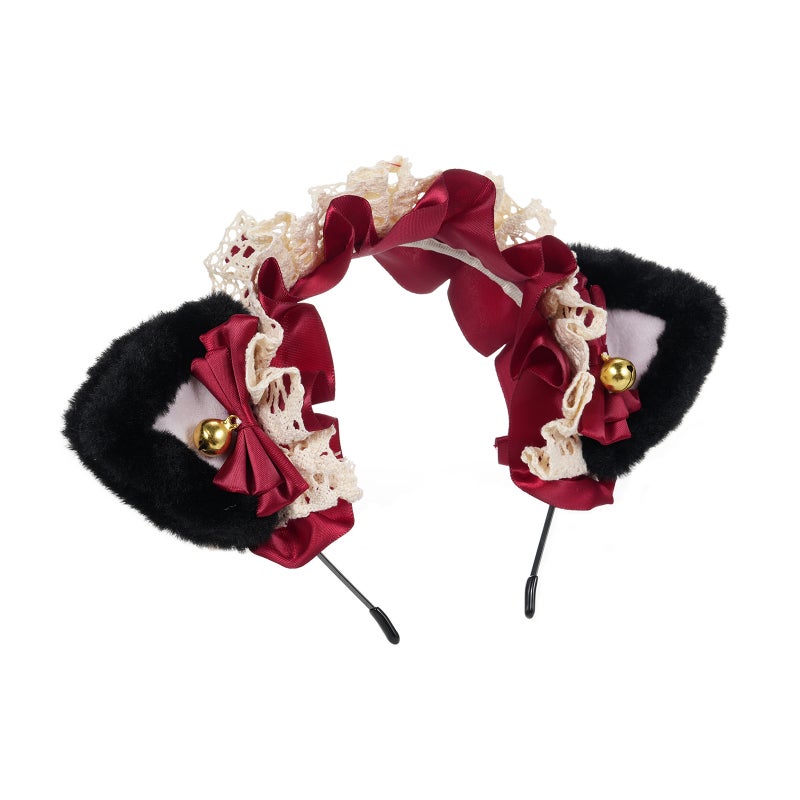 Fluffy Cat Ears Headdress Plush Fabric Ribbon Bowknot Bell Secure Fit - One Size Fits All Cute Hair Ornament for Lolita Cosplay School Festivals Parties - Image 2