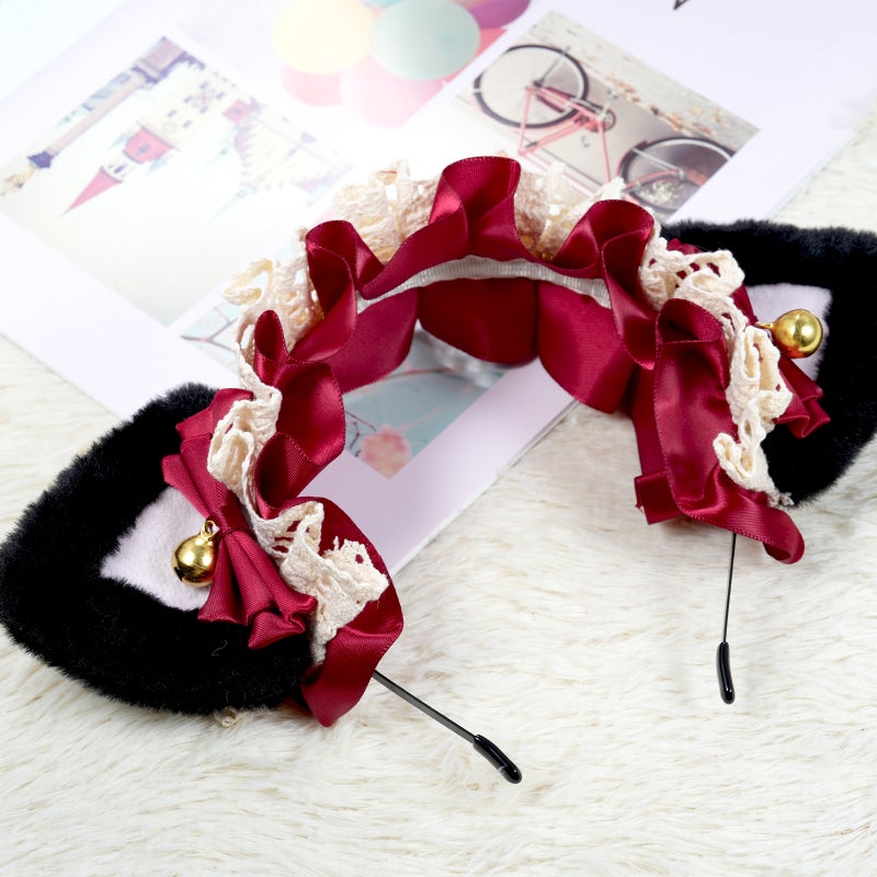 Fluffy Cat Ears Headdress Plush Fabric Ribbon Bowknot Bell Secure Fit - One Size Fits All Cute Hair Ornament for Lolita Cosplay School Festivals Parties - Image 3
