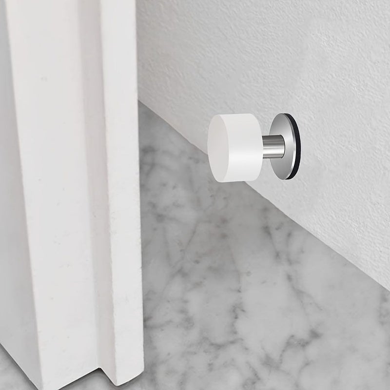 Set of 2 White Self-Adhesive Door Stoppers With Stainless Steel Base Reduce Noise Protect Floors - Image 1