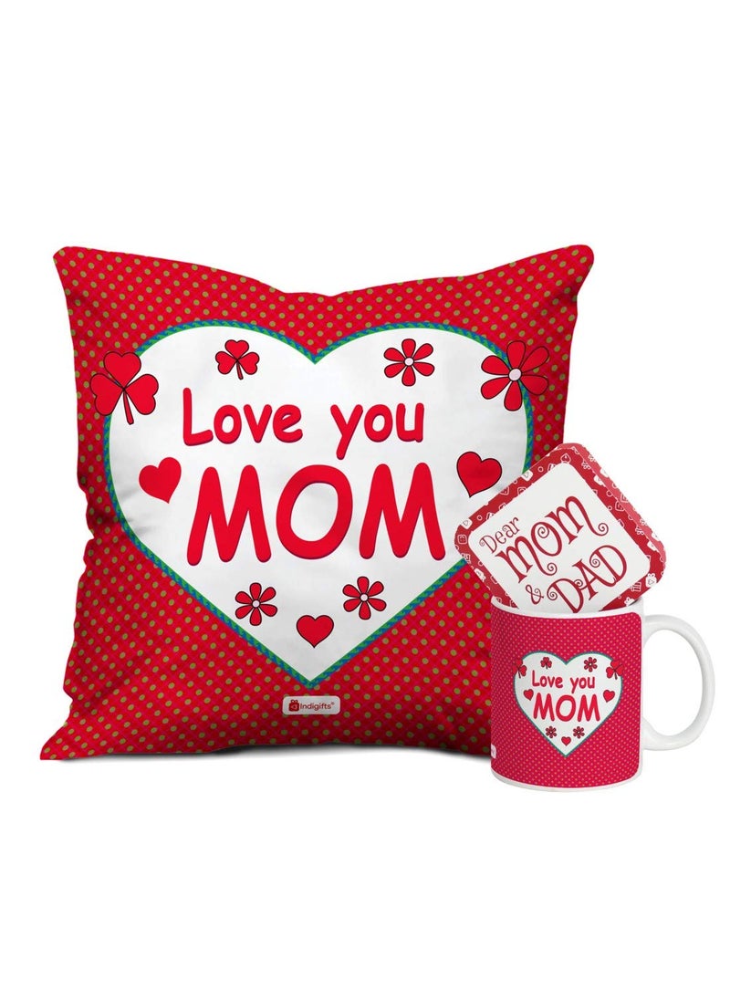 Indigifts - Indigifts Love You Mom Special Coffee Mug and Cushion Cover 12x12 with Filler - Red - House Warming Gift for Mom Mother in Law Mother to be on her Birthday Anniversary Mothers Day - Image 1