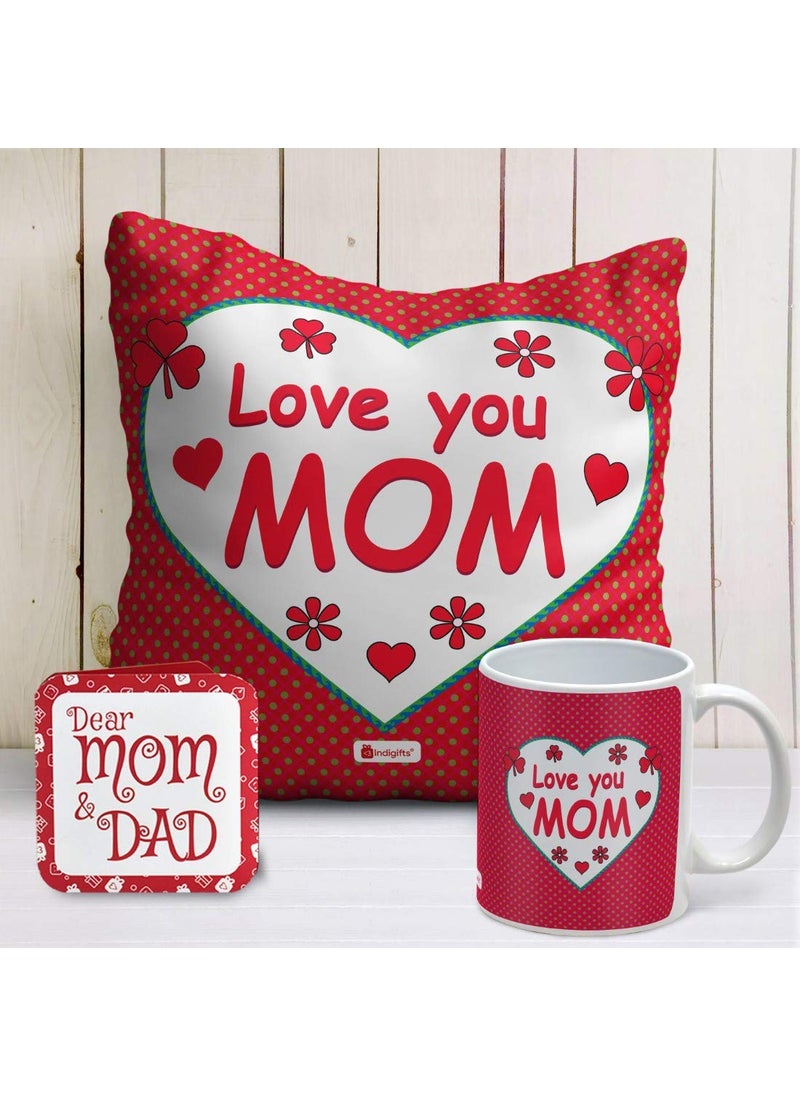 Indigifts - Indigifts Love You Mom Special Coffee Mug and Cushion Cover 12x12 with Filler - Red - House Warming Gift for Mom Mother in Law Mother to be on her Birthday Anniversary Mothers Day - Image 1