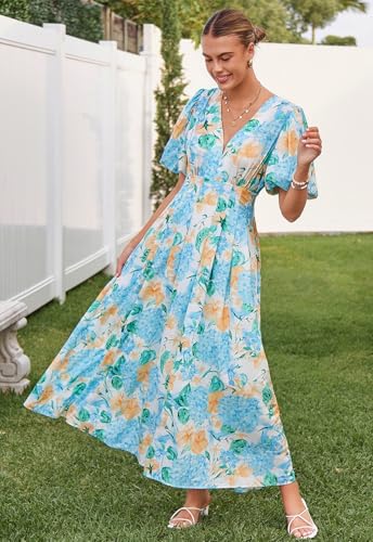 Maxigerui Women's Floral Maxi Dress Summer Fall Wedding Guest Dress Hydrangea Blue Yellow M - Image 2