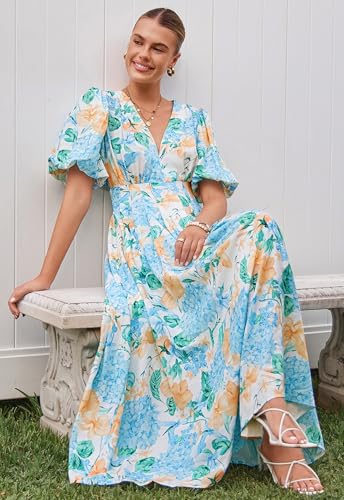 Maxigerui Women's Floral Maxi Dress Summer Fall Wedding Guest Dress Hydrangea Blue Yellow M - Image 4