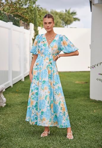 Maxigerui Women's Floral Maxi Dress Summer Fall Wedding Guest Dress Hydrangea Blue Yellow M - Image 3