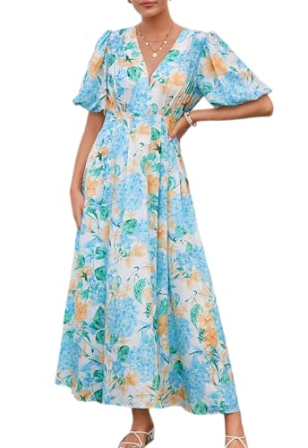 Maxigerui Women's Floral Maxi Dress Summer Fall Wedding Guest Dress Hydrangea Blue Yellow M - Image 1