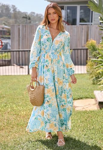 Maxigerui Women's Floral Maxi Dress Summer Fall Wedding Guest Dress Hydrangea Blue Yellow M - Image 5