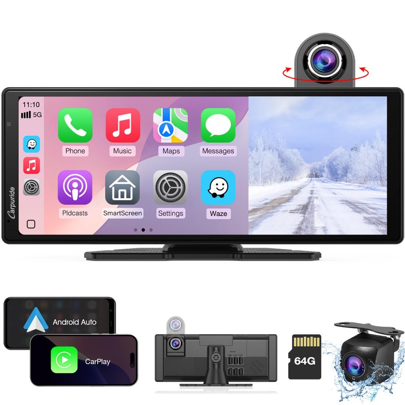 Carpuride Wireless Carplay & Android Auto with Dash Cam - 10.26 Inch HD IPS Touch Car Play Screen for Car, 4K Front & 1080P Rear Camera, Loop Recording, Bluetooth Audio, Mirror Link, GPS, Siri - Image 1