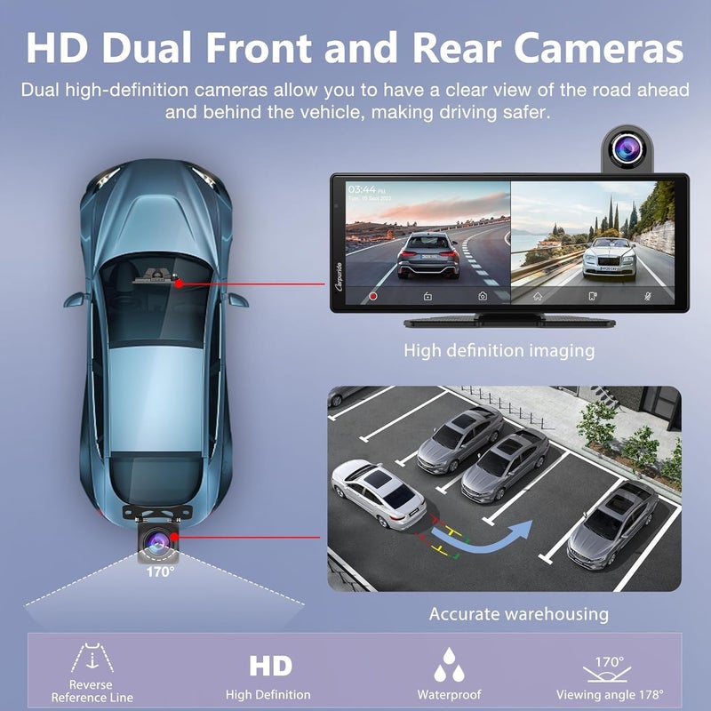 Carpuride Wireless Carplay & Android Auto with Dash Cam - 10.26 Inch HD IPS Touch Car Play Screen for Car, 4K Front & 1080P Rear Camera, Loop Recording, Bluetooth Audio, Mirror Link, GPS, Siri - Image 3