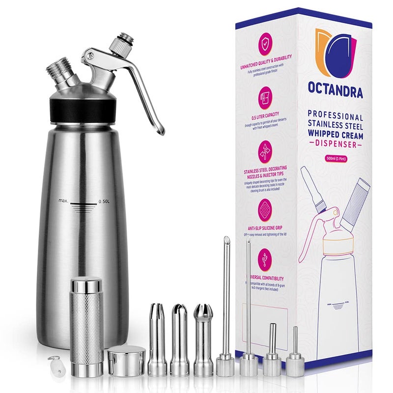 OCTANDRA OCTANDRA Professional Whipped Cream Dispenser – 1 Pint Stainless-Steel Cream Whipper Canister - Whipping Siphon - Whip Cream Maker with 3 Decorating Tips, 4 Injector Tips, Storage Cap & Brush  - Image 1
