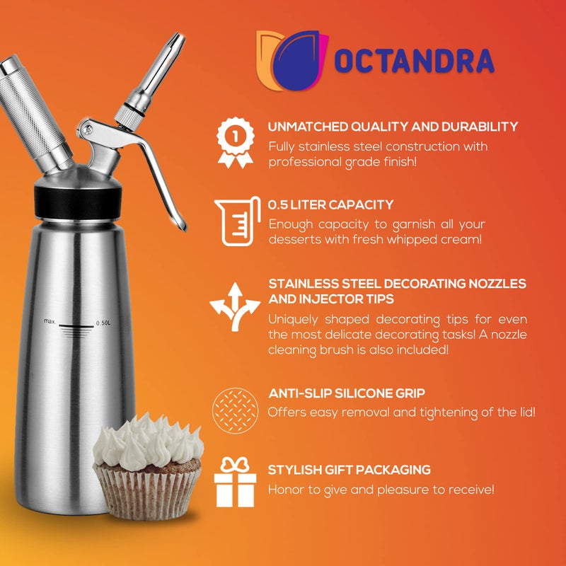 OCTANDRA OCTANDRA Professional Whipped Cream Dispenser – 1 Pint Stainless-Steel Cream Whipper Canister - Whipping Siphon - Whip Cream Maker with 3 Decorating Tips, 4 Injector Tips, Storage Cap & Brush  - Image 3