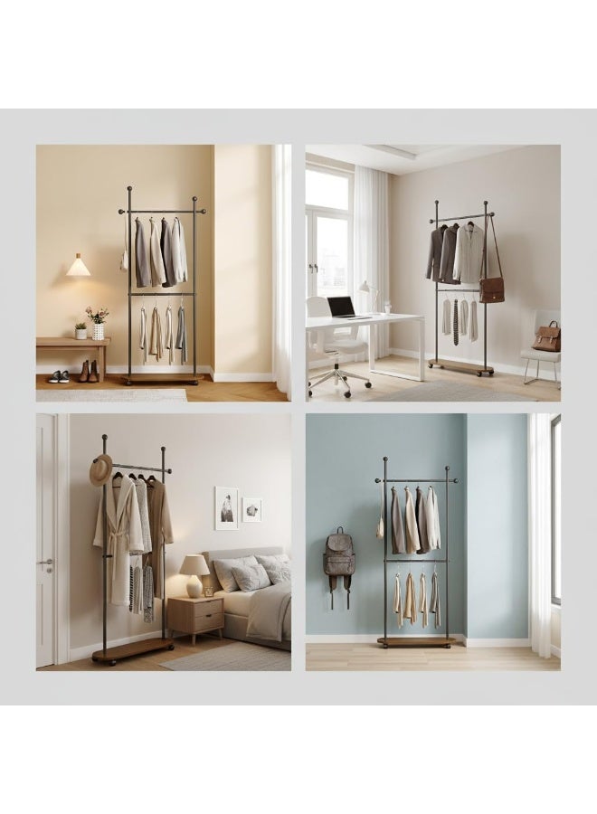 اليسا حامل معاطف معدني قائم بذاته بطول 80 سم، حامل معاطف بعجلات، حامل ملابس للمدخل أو المكتب أو غرفة النوم، يمكن تعليق الملابس والقبعات والأوشحة (أسود + لوح من خشب الجوز (قضبان مزدوجة)) - Image 4