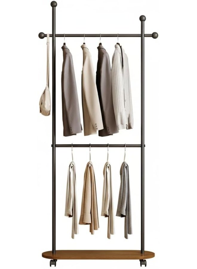 اليسا حامل معاطف معدني قائم بذاته بطول 80 سم، حامل معاطف بعجلات، حامل ملابس للمدخل أو المكتب أو غرفة النوم، يمكن تعليق الملابس والقبعات والأوشحة (أسود + لوح من خشب الجوز (قضبان مزدوجة)) - Image 1