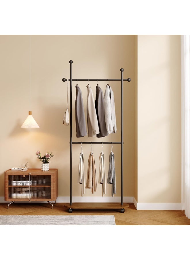 اليسا حامل معاطف معدني قائم بذاته بطول 80 سم، حامل معاطف بعجلات، حامل ملابس للمدخل أو المكتب أو غرفة النوم، يمكن تعليق الملابس والقبعات والأوشحة (أسود + لوح من خشب الجوز (قضبان مزدوجة)) - Image 2