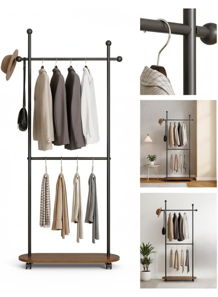 اليسا حامل معاطف معدني قائم بذاته بطول 80 سم، حامل معاطف بعجلات، حامل ملابس للمدخل أو المكتب أو غرفة النوم، يمكن تعليق الملابس والقبعات والأوشحة (أسود + لوح من خشب الجوز (قضبان مزدوجة)) - Image 3