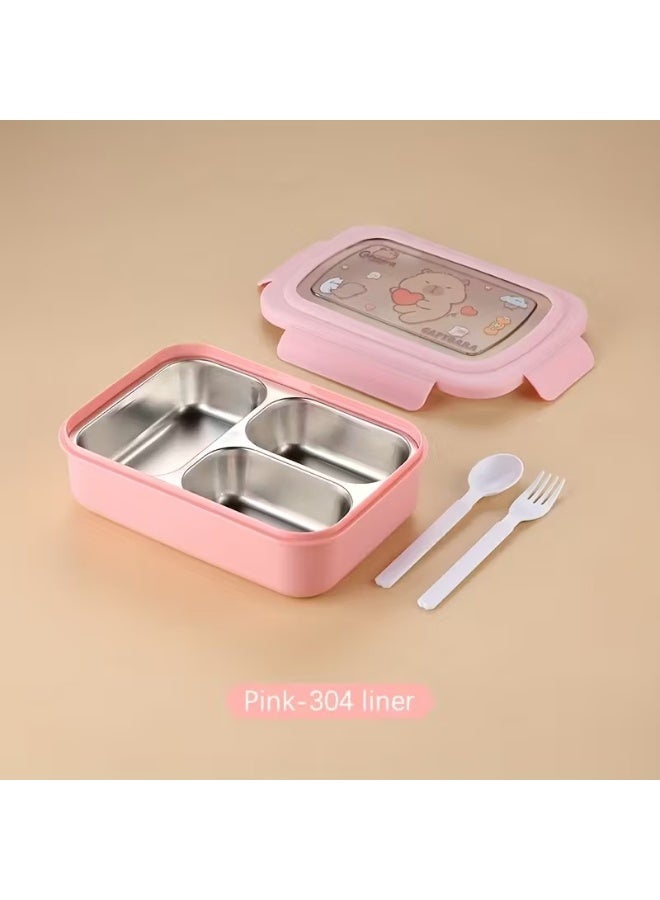 Toshionics Stainless Steel Lunch Box with 3 Compartments, Spoon & Fork, Leakproof, Microwave Safe, Freezer Safe, Removable Tray - BPA-Free– 750ml, 20x14x5 cm – For School, Office, Travel - Image 2