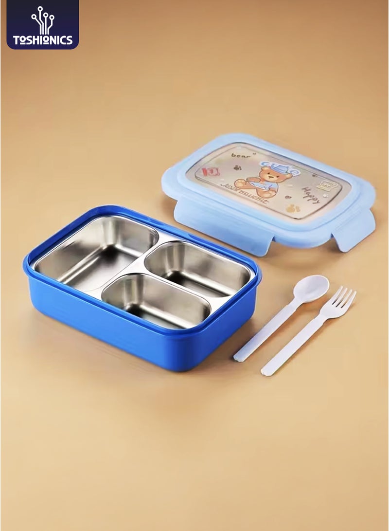 Toshionics Stainless Steel Lunch Box with 3 Compartments, Spoon & Fork, Leakproof, Microwave Safe, Freezer Safe, Removable Tray - BPA-Free– 750ml, 20x14x5 cm – For School, Office, Travel - Image 1