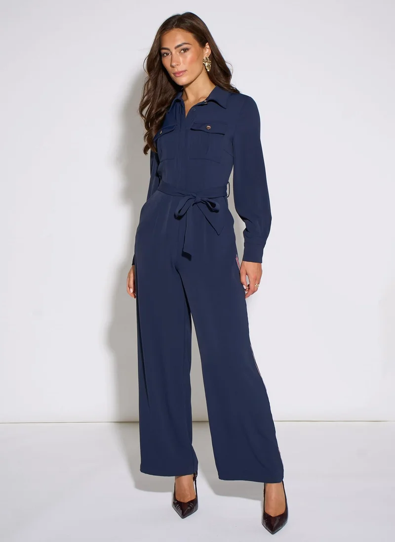 Navy Long Sleeves Side Strip Detail Jumpsuit