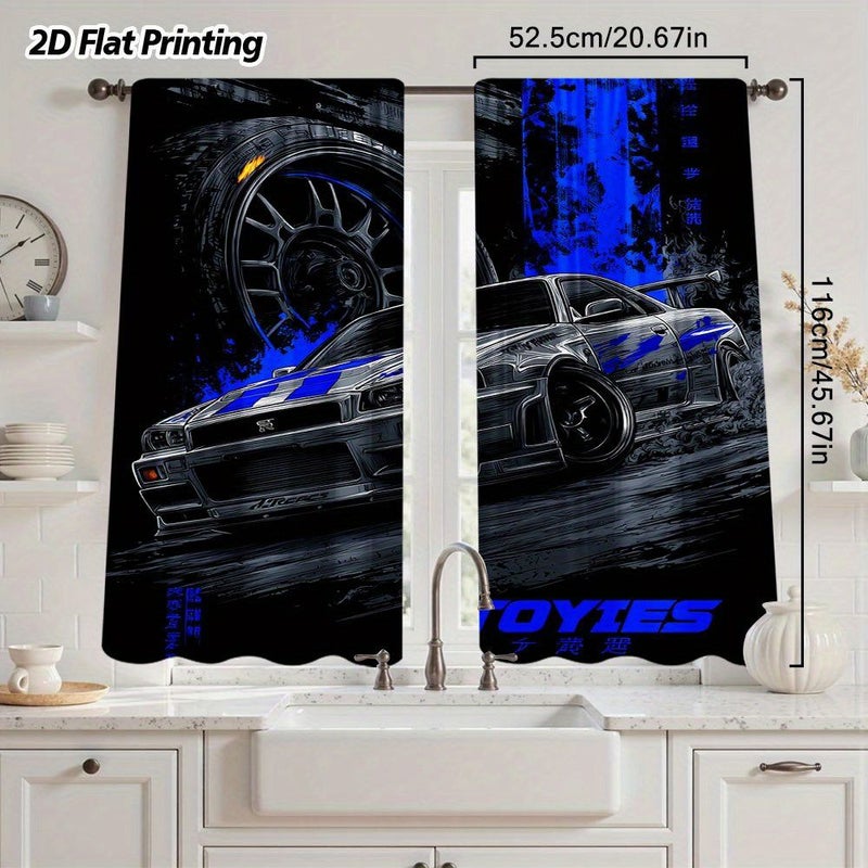 2D Flat Racing Car in Motion Printed Curtain 2pcs Size 52.5x116cm Each Rod Pocket Window Curtain For Living Room Office Bedroom Kitchen Coffee Shop Vacation Home Decor - Image 2
