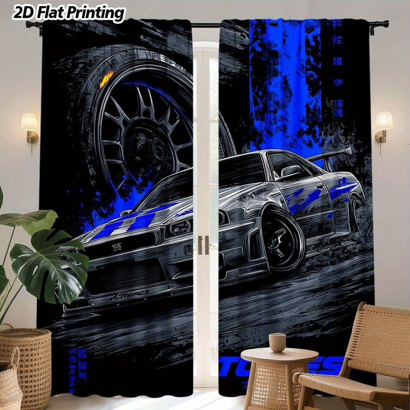 2D Flat Racing Car in Motion Printed Curtain 2pcs Size 52.5x116cm Each Rod Pocket Window Curtain For Living Room Office Bedroom Kitchen Coffee Shop Vacation Home Decor - Image 1