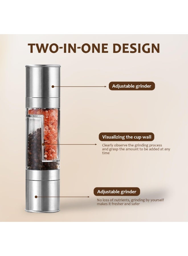 طقم مطحنة ملح وفلفل مكون من قطعتين، مطحنة ثنائية الرأس قابلة لإعادة التعبئة مصنوعة من الفولاذ المقاوم للصدأ، قابلة لتعديل درجة الخشونة، مناسبة للملح والفلفل والتوابل والأعشاب - Image 2